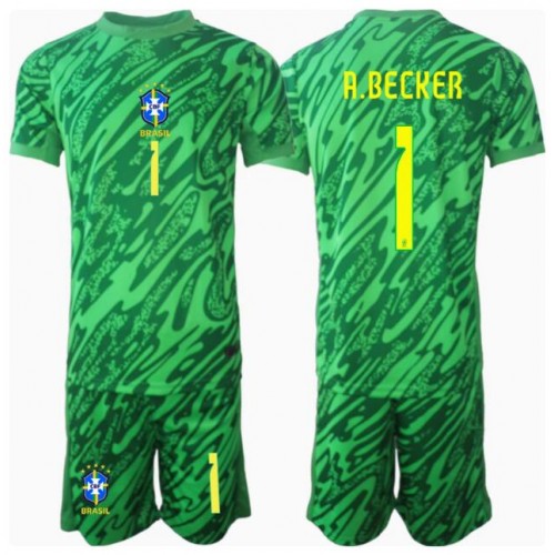 Brasilien Alisson Becker #1 Målvakt Hemmatröja Barn Copa America 2024 Kortärmad (+ Korta byxor)