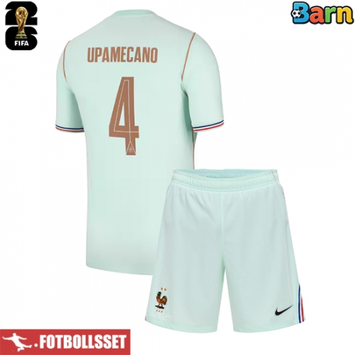 Frankrike Dayot Upamecano #4 Bortatröja Barn VM 2026 Kortärmad (+ Korta byxor)