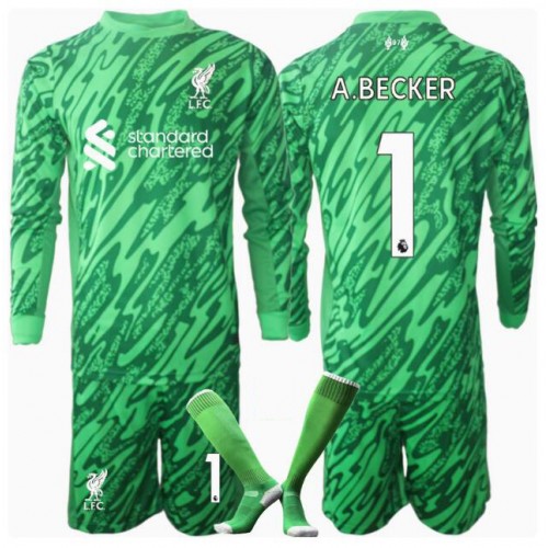 Liverpool Alisson Becker #1 Målvakt Bortatröja Barn 2024-25 Långärmad (+ Korta byxor)